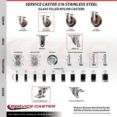 Service Caster 3.5 Inch 316SS High Temp Glass Filled Nylon 10mm Threaded Stem Caster Brake SCC-SS316TS20S3514-GFNSHT-TLB-M1015